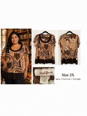 Sushiflower Brown Paisley Short Sleeve Scoop Neck Top - 2X